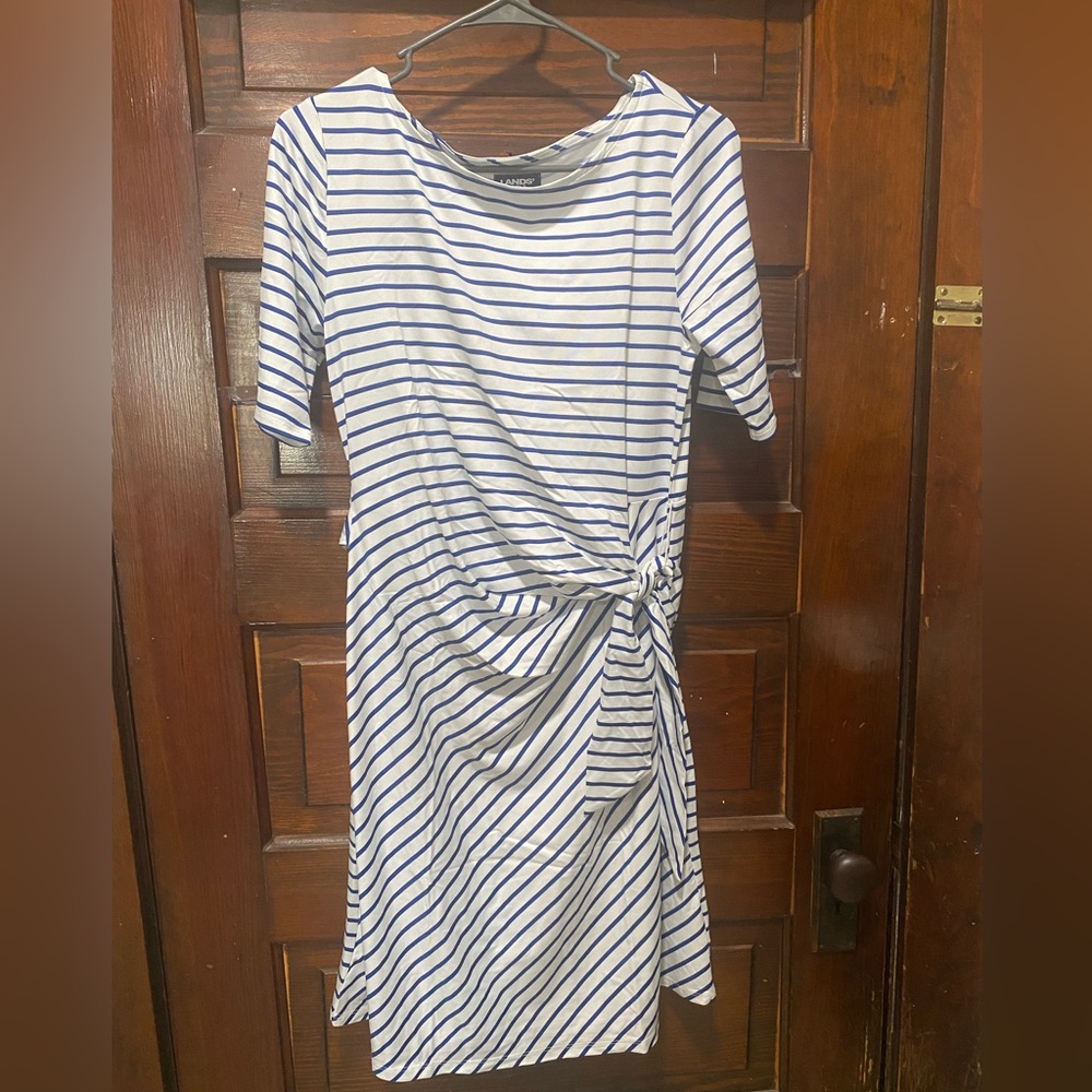 Lands' End Navy and White Striped Midi Dress